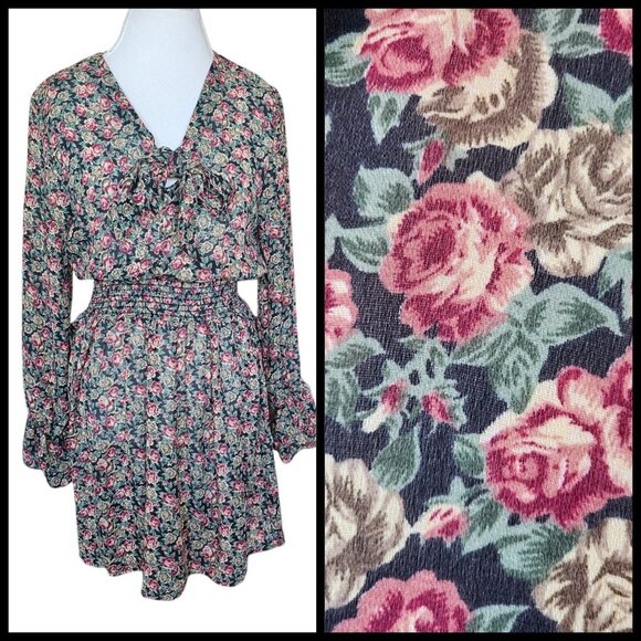 Vintage Dresses & Skirts - 90s Smocked Dark Floral Dress‎ Boho Chiffon Blouson Smocked Sz S Long Sleeve